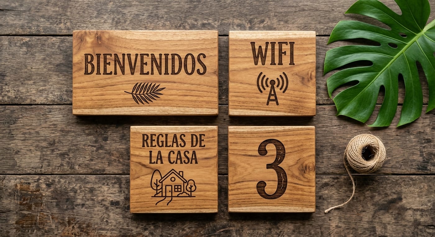 Juego de rótulos de madera para cabina: bienvenida, wifi, reglas de la casa y número de cuarto
